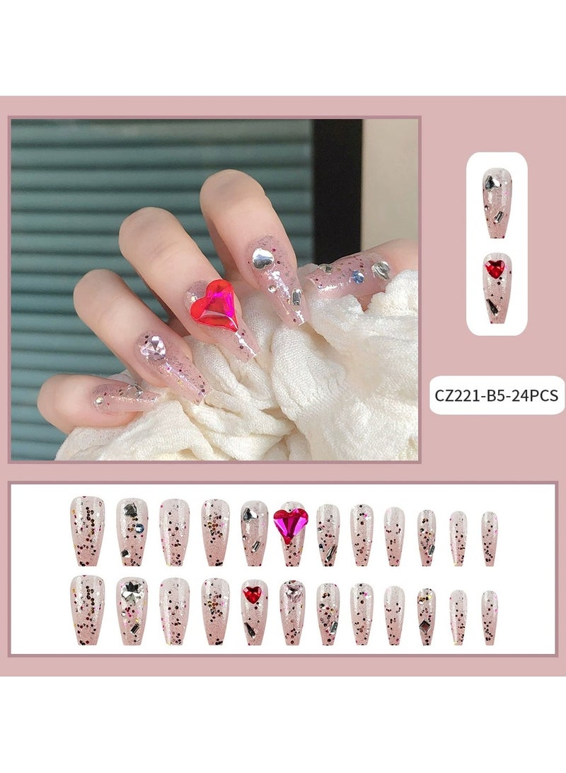 Goolsky أظافر فاخرة قابلة للصق - شكل شبه منحرف مع جواهر قلب وخرز لامع، 30 قطعة متلألئة - Image 1