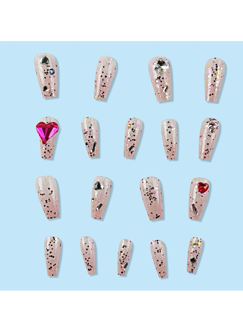 Goolsky أظافر فاخرة قابلة للصق - شكل شبه منحرف مع جواهر قلب وخرز لامع، 30 قطعة متلألئة - Image 3