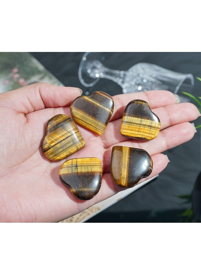 Crocon Crocon 5 Pcs Tiger Eye Heart Stone 25mm Mini Heart Shape Gemstone Puff Stones Set 400+ Carats Pocket Crystal Healing Tumble Collection Palm Worry Stone Good Luck Meditation Gift Craft Home Decor - Image 2