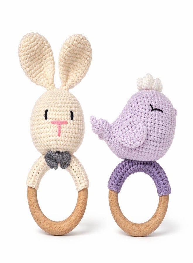 SYCAMORE EAST Handmade Crochet Bunny Rattle & Whale Wooden Teether Combo | Baby Teether Toy with Natural Wooden Ring | Soft Knitted Infant Sensory Rattle | Newborn Teething Toy | Organic Cotton Baby Gift Set (Pack of 2) - Image 1