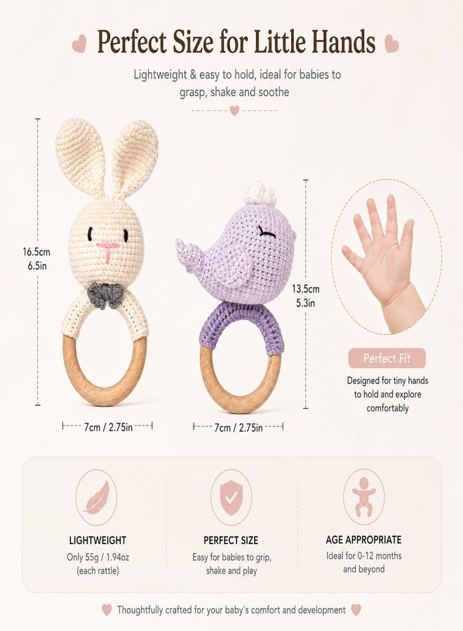 SYCAMORE EAST Handmade Crochet Bunny Rattle & Whale Wooden Teether Combo | Baby Teether Toy with Natural Wooden Ring | Soft Knitted Infant Sensory Rattle | Newborn Teething Toy | Organic Cotton Baby Gift Set (Pack of 2) - Image 2