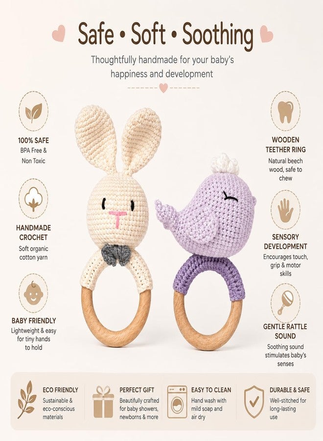 SYCAMORE EAST Handmade Crochet Bunny Rattle & Whale Wooden Teether Combo | Baby Teether Toy with Natural Wooden Ring | Soft Knitted Infant Sensory Rattle | Newborn Teething Toy | Organic Cotton Baby Gift Set (Pack of 2) - Image 5
