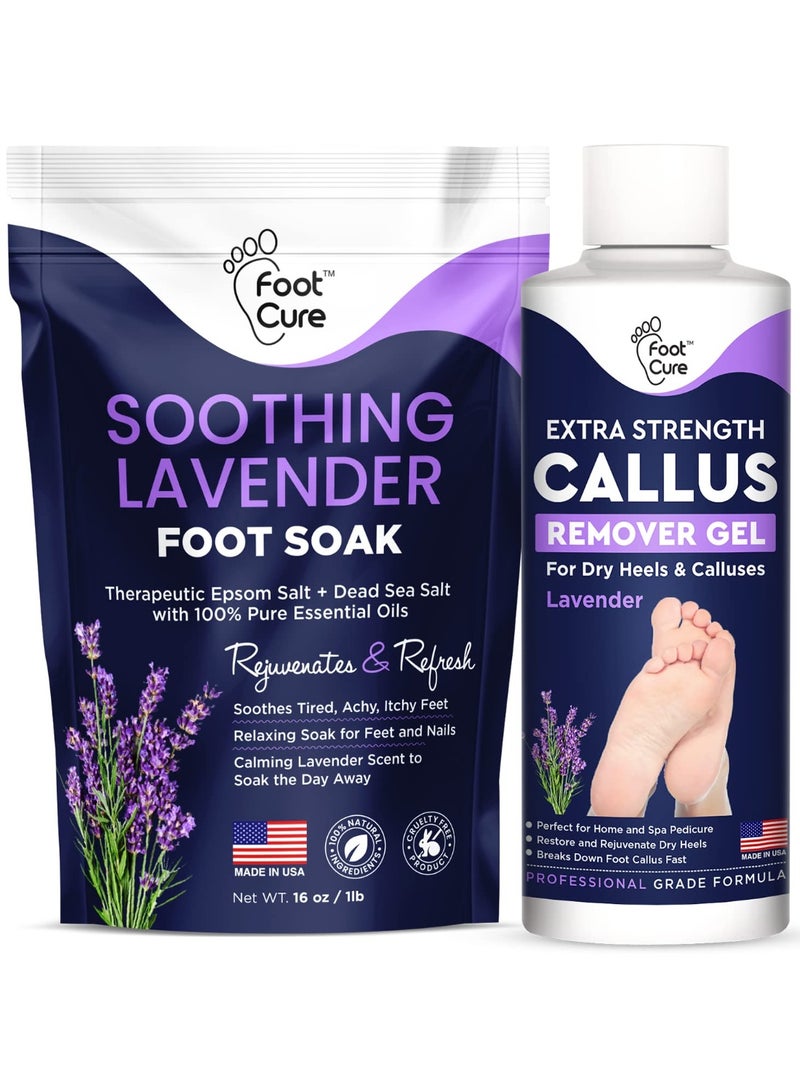 Foot Cure Lavender Foot Soak & Callus Remover Gel Kit - Extra Strength Callus Remover Gel for Feet, Remove Calluses with Epsom Salts, Dry Cracked Heels & Foot Odor, at Home Pedicure - Foot Care for Tired Feet - Image 1
