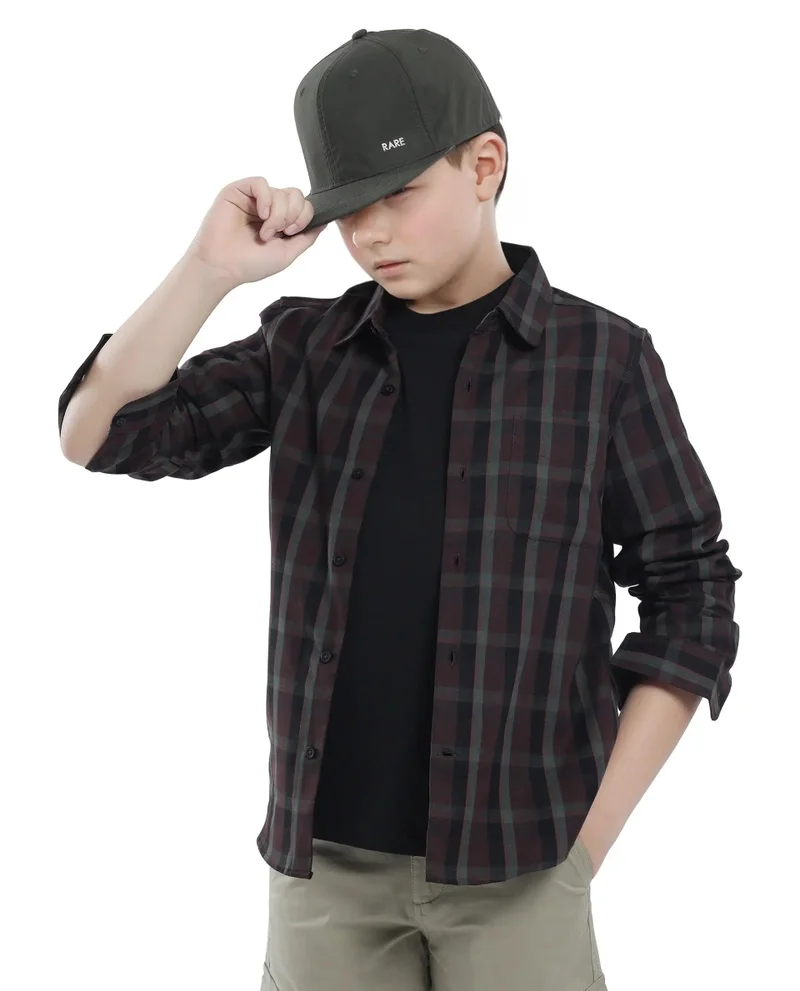 Rare Ones Rare Ones Kids Shilo Brown Cotton Full Sleeve Button Checked Regular Fit Shirt