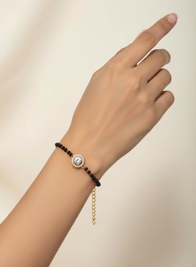 JHB American Diamond Single Boll and Cubic Zirconia Mangalsutra Bracelet Black Bead Bracelet For Women's - Image 2