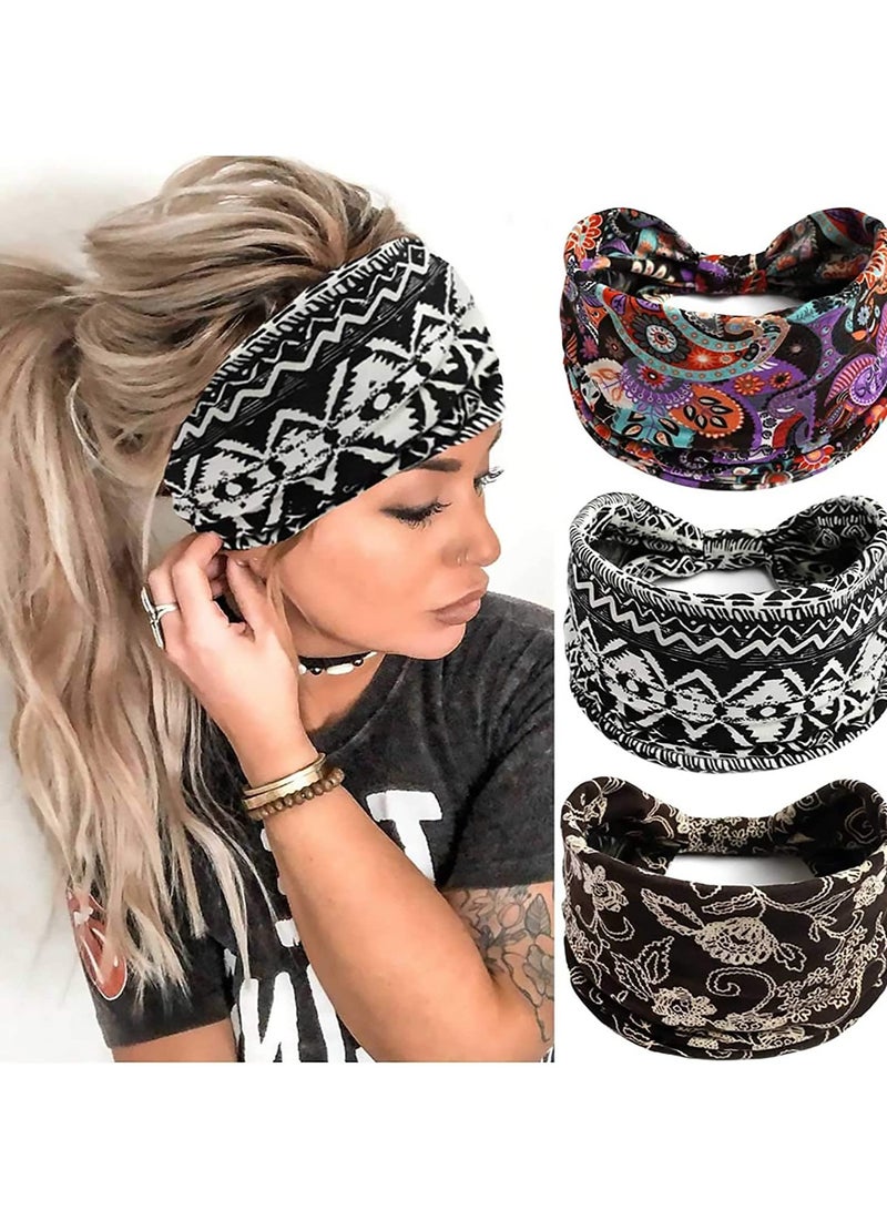 Barakah Boho Headbands Stretch Wide Hair Bands Black Elastic Yoga Sweatband Knoted Turban Headband Cloth Twist Head Wraps Stylish for Women and Girls 3 Pcs - Image 1