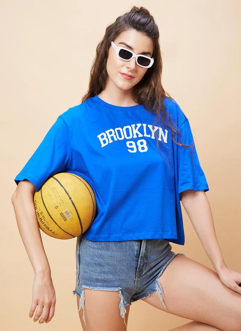 globus Globus Women Typography Printed Pure Cotton Crop Oversized T-Shirt