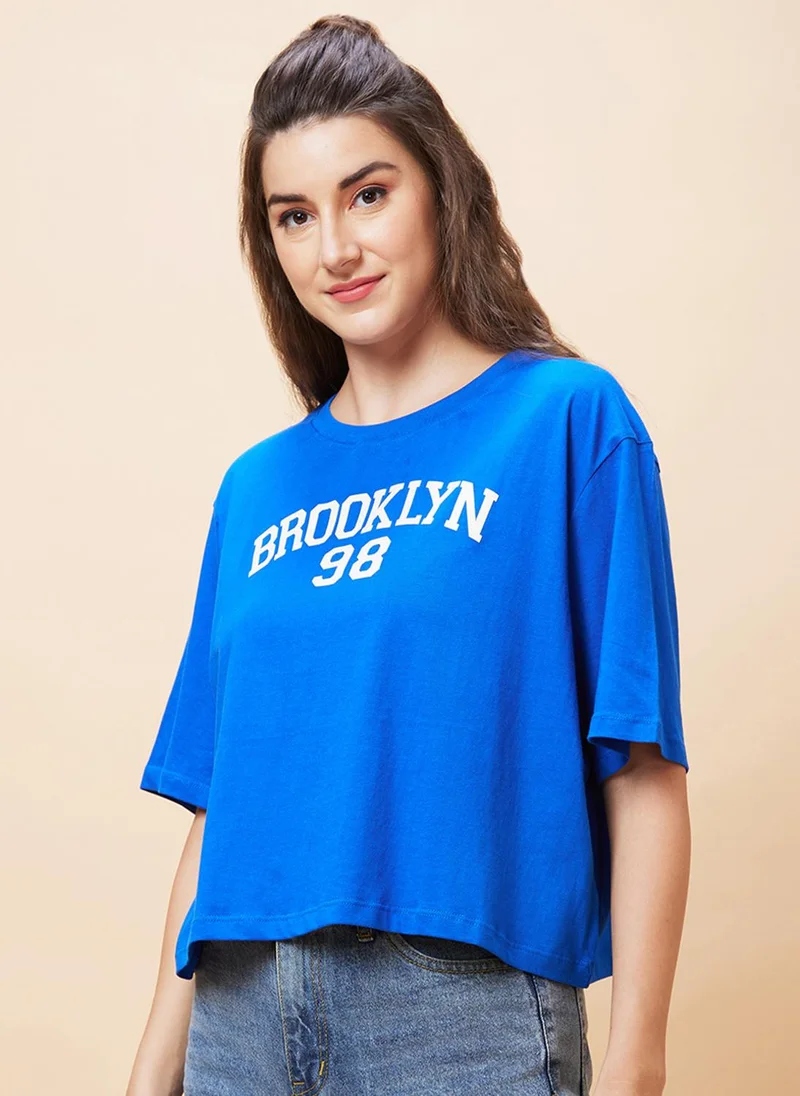 globus Globus Women Typography Printed Pure Cotton Crop Oversized T-Shirt