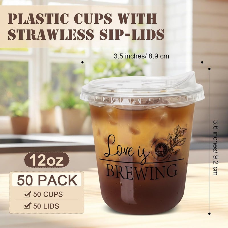Jingmore 50 Set Love Is Brewing Plastic Round Bottom Cups with Strawless Plastic Lids Bridal Shower Coffee Drinking Cup 12oz Bachelorette Party Disposable Cups for Wedding Anniversary - Image 2