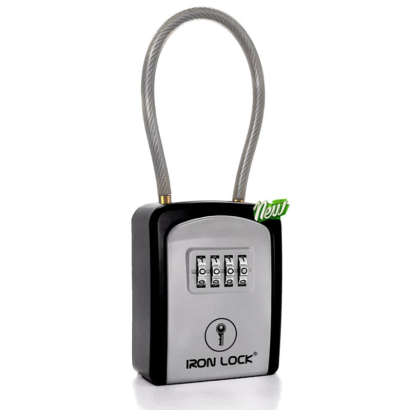 Iron Lock Portable Key Lock Box with Removable Cable Shackle Indoor Outdoor Waterproof 4 Digit Combo Resettable Code with A B Switch Key Lockbox for Outside Spare Keys for Realtors Small Grey