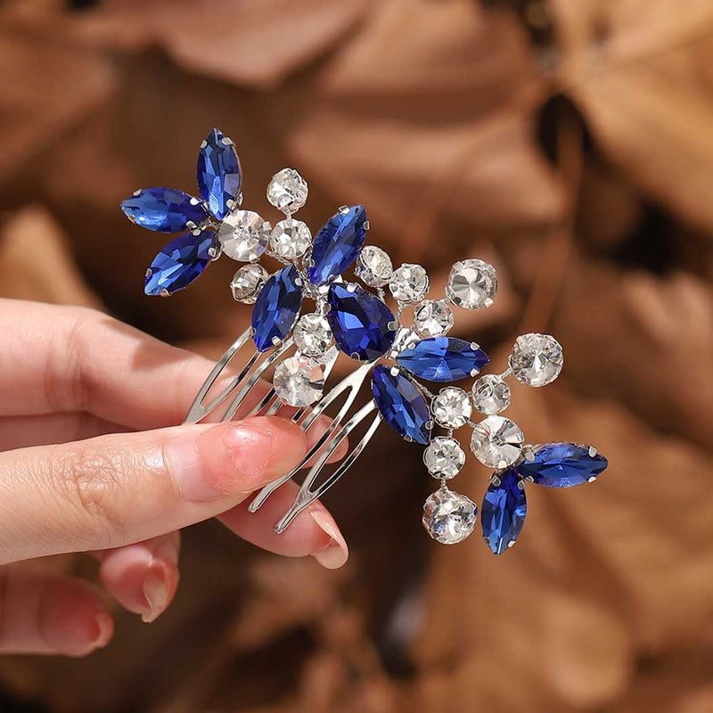 Catery Blue Wedding Hair Comb Crystal Bridal Side Clip Rhinestones Bridesmaid Hairpiece Accessories for Brides and Women Blue