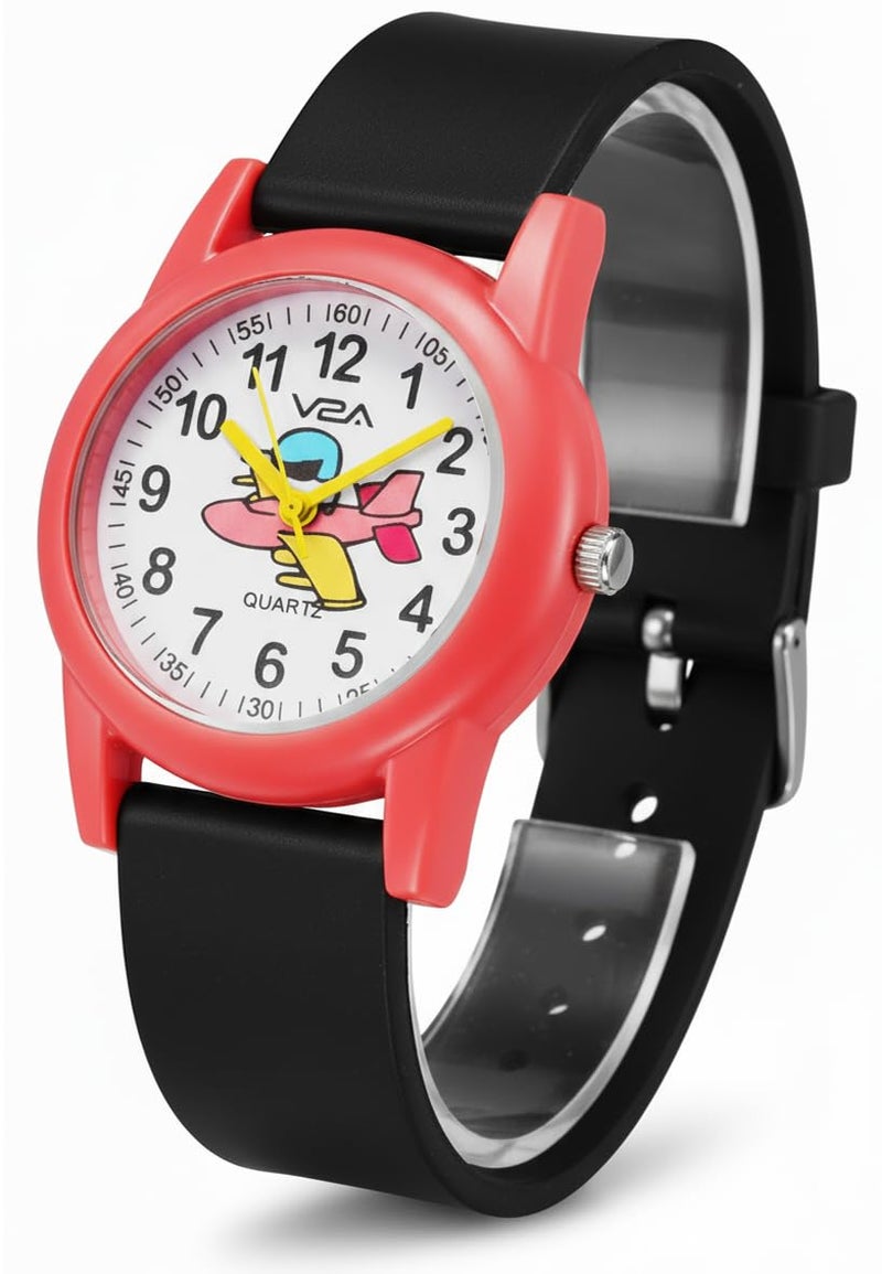 V2A Resin Analog Aeroplane Print Dial Cute Watch For Kids And Toddlers Unisex-Child Between 2 To 8 Years Of Age Black Band 30 M Waterproof Watches For Kids, Dial_White, Band_Gold - Image 1
