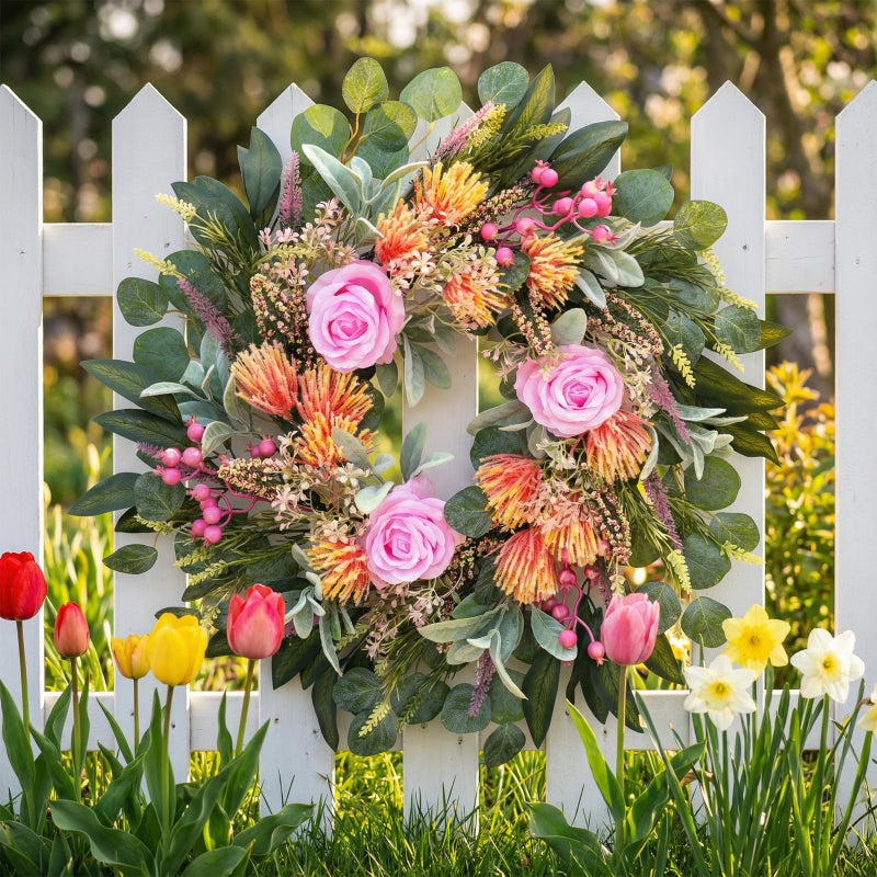 DFRREN 24 Inch Spring Rose Wreath Handmade Wreath for Front Door, with Eucalyptus Berries & Flocking Prote, Farmhouse Wreath for Home Indoor Outdoor Wall Festival Farmhouse Holiday Decor Year Round - Image 2