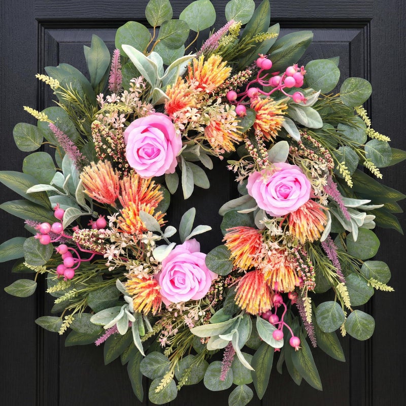 DFRREN 24 Inch Spring Rose Wreath Handmade Wreath for Front Door, with Eucalyptus Berries & Flocking Prote, Farmhouse Wreath for Home Indoor Outdoor Wall Festival Farmhouse Holiday Decor Year Round - Image 1