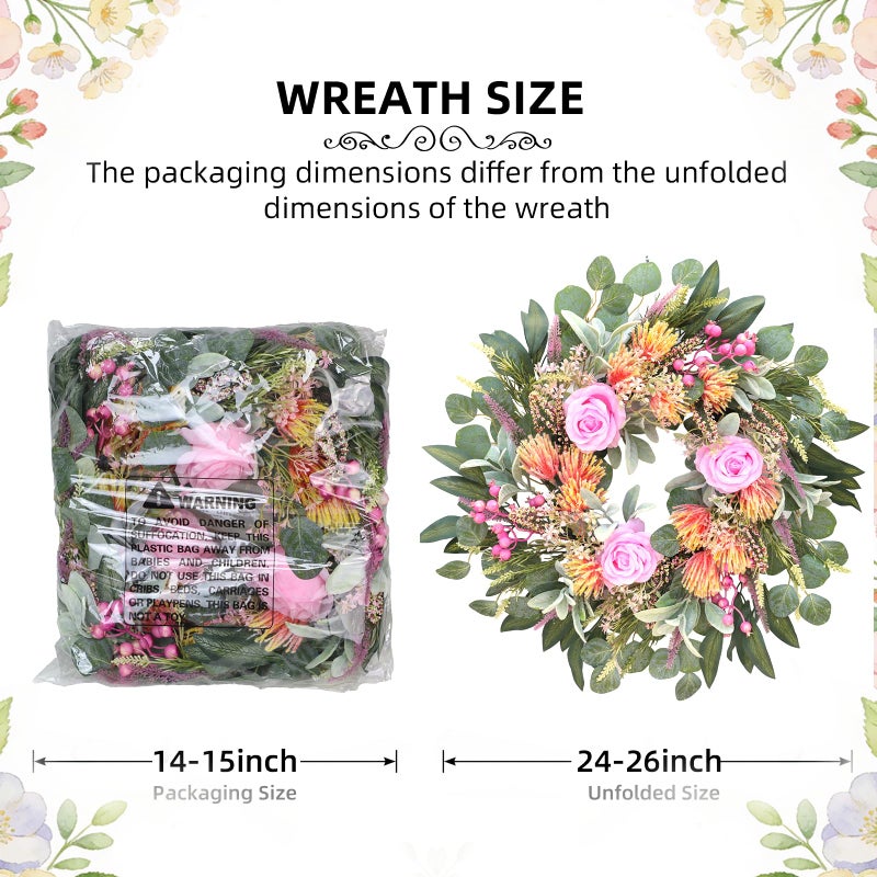 DFRREN 24 Inch Spring Rose Wreath Handmade Wreath for Front Door, with Eucalyptus Berries & Flocking Prote, Farmhouse Wreath for Home Indoor Outdoor Wall Festival Farmhouse Holiday Decor Year Round - Image 4