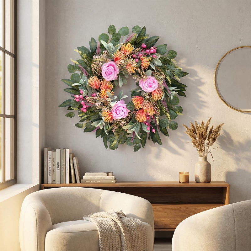 DFRREN 24 Inch Spring Rose Wreath Handmade Wreath for Front Door, with Eucalyptus Berries & Flocking Prote, Farmhouse Wreath for Home Indoor Outdoor Wall Festival Farmhouse Holiday Decor Year Round - Image 5