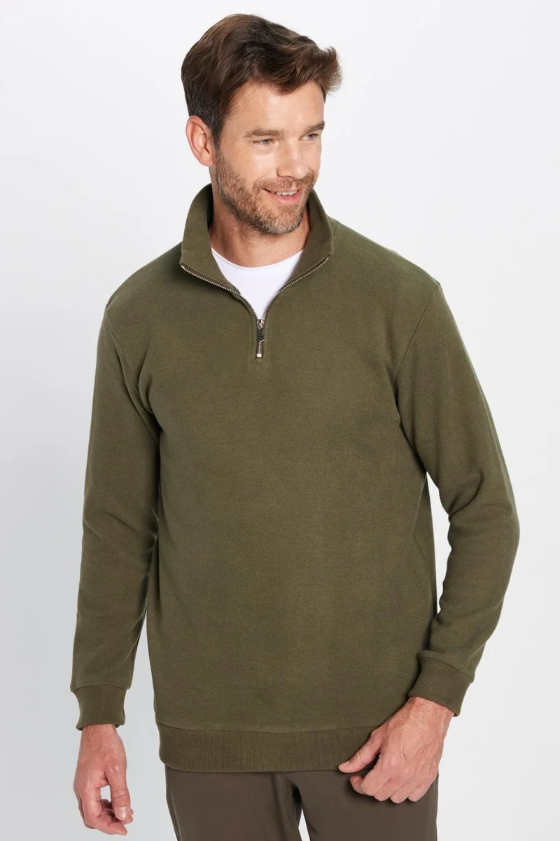 تودورس Relax Fit Comfortable Cut Cotton Half Zipper Khaki Stand Collar Sweatshirt