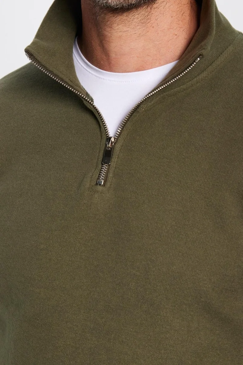 تودورس Relax Fit Comfortable Cut Cotton Half Zipper Khaki Stand Collar Sweatshirt