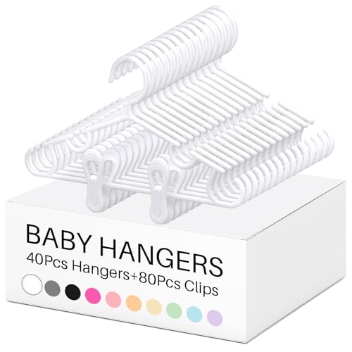 Hsei Baby Hangers with Clips, Plastic Kids Pants Hangers for Nursery Closet, Top and Bottom Clothes Hanger Set for Newborn Child Infant Toddler Boys and Girls(120 Packs,White,10.6 Inch) - Image 1