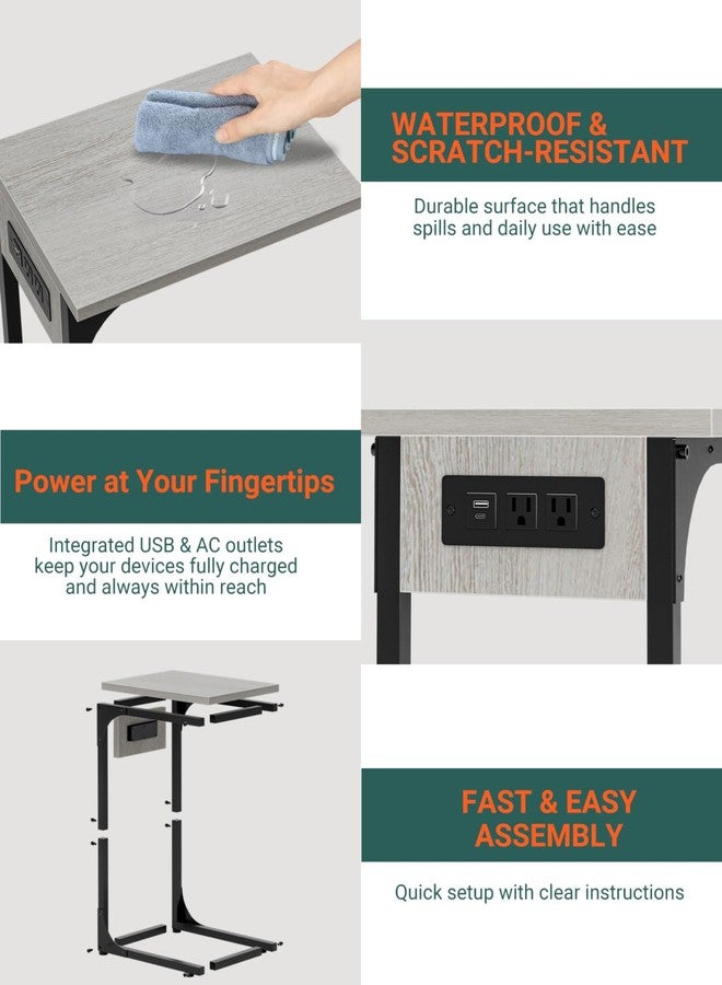 RISWER C-Shaped Side Table for Couch - Small Coffee Stand Sofa Tray Desk with Metal Frame Waterproof Scratch Resistant Wood Top and Built-in Charging Station, Greige - Image 3