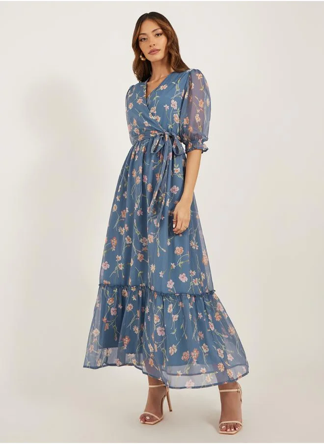 ستايلي Floral Print Puff Sleeves A-Line Maxi Dress