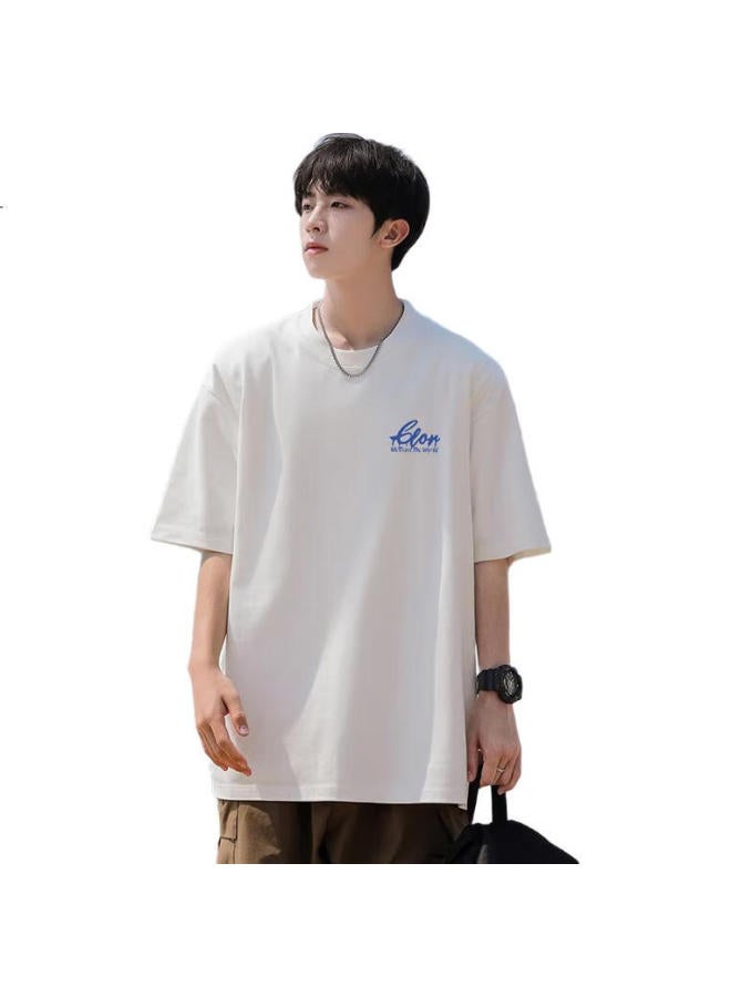 Clor Men's Summer Heavyweight Pure Cotton Casual Loose Short Sleeve T-shirt With Trendy Print Women's Top C010-1 White XL - Image 1