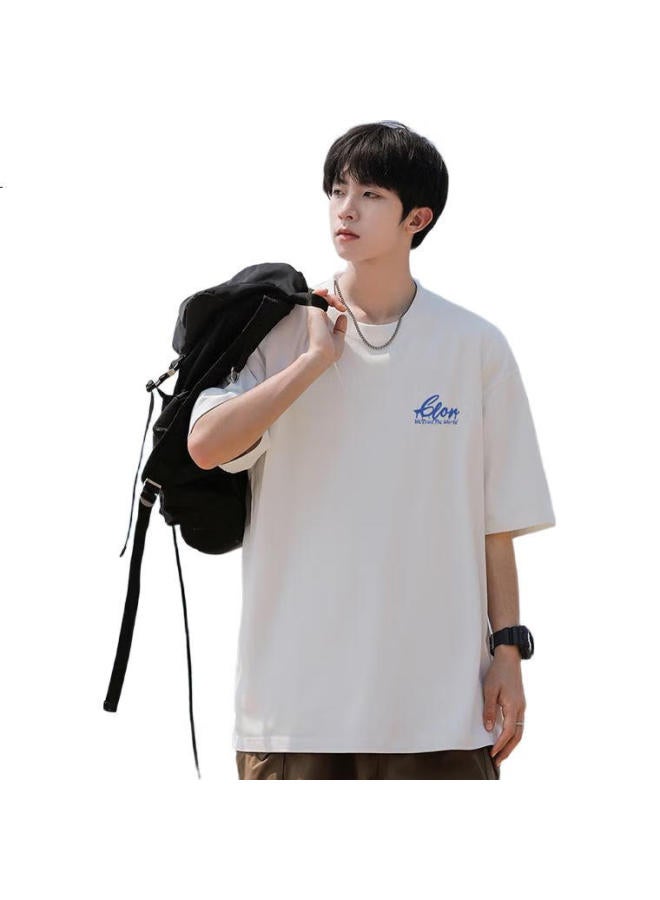 Clor Men's Summer Heavyweight Pure Cotton Casual Loose Short Sleeve T-shirt With Trendy Print Women's Top C010-1 White XL - Image 2