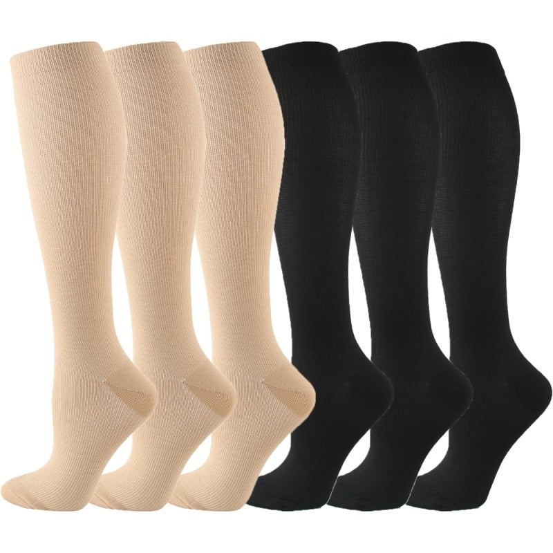 Knee-High Compression Socks: Skin Tone + Black, 360-Degree Elasticity, Non-Slip Cuffs - Breathable Moisture-Wicking Fabric, Medical Support Socks for Sports, Recovery, Extended Standing or Sitting - Image 1