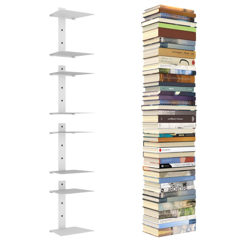 Mefirt Invisible Floating Bookshelves for Wall, 2 Tier Vertical Spine Book Tower, Heavy Duty Floating Book Shelves Metal White Book Organizers for Bedroom Living Room Office Study Room, 4 Pack - Image 1