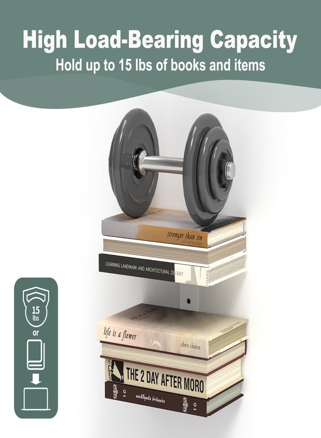 Mefirt Invisible Floating Bookshelves for Wall, 2 Tier Vertical Spine Book Tower, Heavy Duty Floating Book Shelves Metal White Book Organizers for Bedroom Living Room Office Study Room, 4 Pack - Image 3