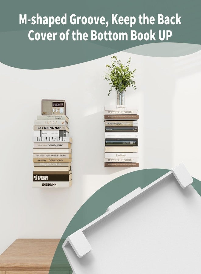 Mefirt Invisible Floating Bookshelves for Wall, 2 Tier Vertical Spine Book Tower, Heavy Duty Floating Book Shelves Metal White Book Organizers for Bedroom Living Room Office Study Room, 4 Pack - Image 4