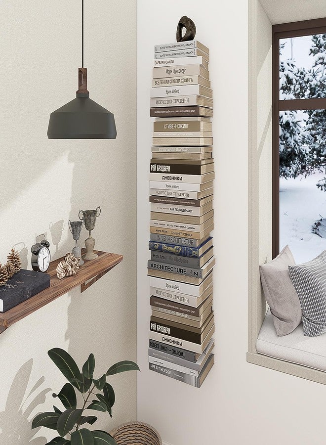 Mefirt Invisible Floating Bookshelves for Wall, 2 Tier Vertical Spine Book Tower, Heavy Duty Floating Book Shelves Metal White Book Organizers for Bedroom Living Room Office Study Room, 4 Pack - Image 2