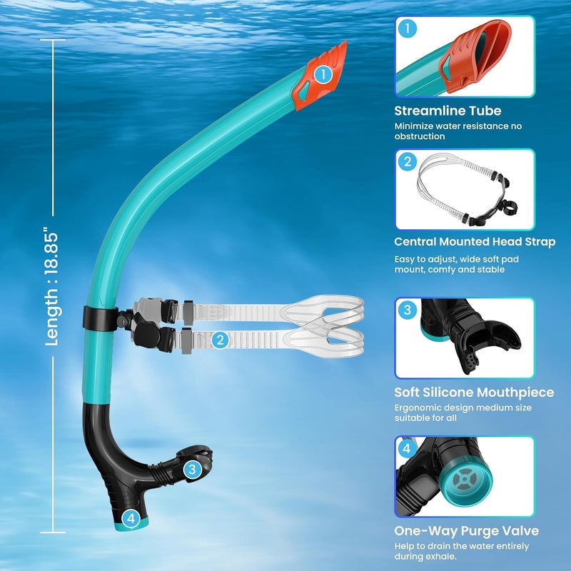 Swimmer's Snorkel for Lap Swimming, Adult Snorkeling Gear Swim Training, Center-Mount Silicone Mouthpiece One-Way Purge Valve in Pool and Open Water - Image 5