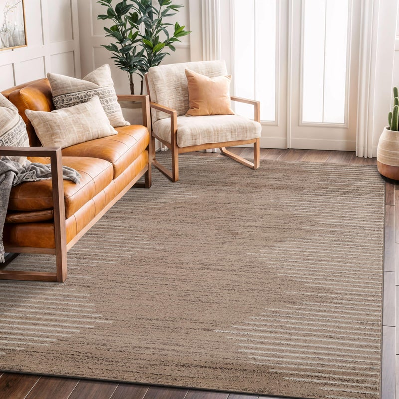 Rugshop Bohemian Stripe Stain Resistant High Traffic Living Room Kitchen Bedroom Dining Home Office Area Rug 5' x 7' Beige - Image 1