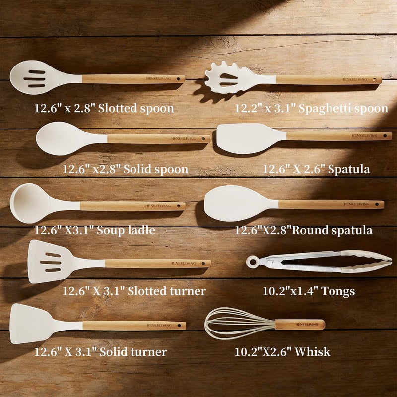 HENKELIVING Silicone 10 Pcs Kitchen Cooking Utensils Set, Recycled Materials Certification, BPA Free Spatula Set with Heat Resistant Wood Handles for Nonstick Cookware, Cream White - Image 2