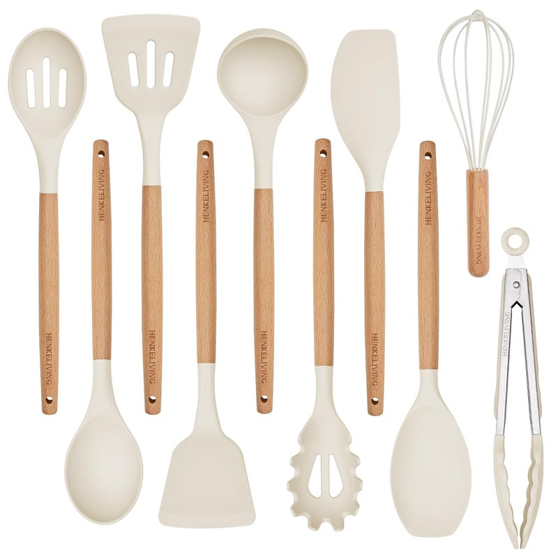 HENKELIVING Silicone 10 Pcs Kitchen Cooking Utensils Set, Recycled Materials Certification, BPA Free Spatula Set with Heat Resistant Wood Handles for Nonstick Cookware, Cream White - Image 1
