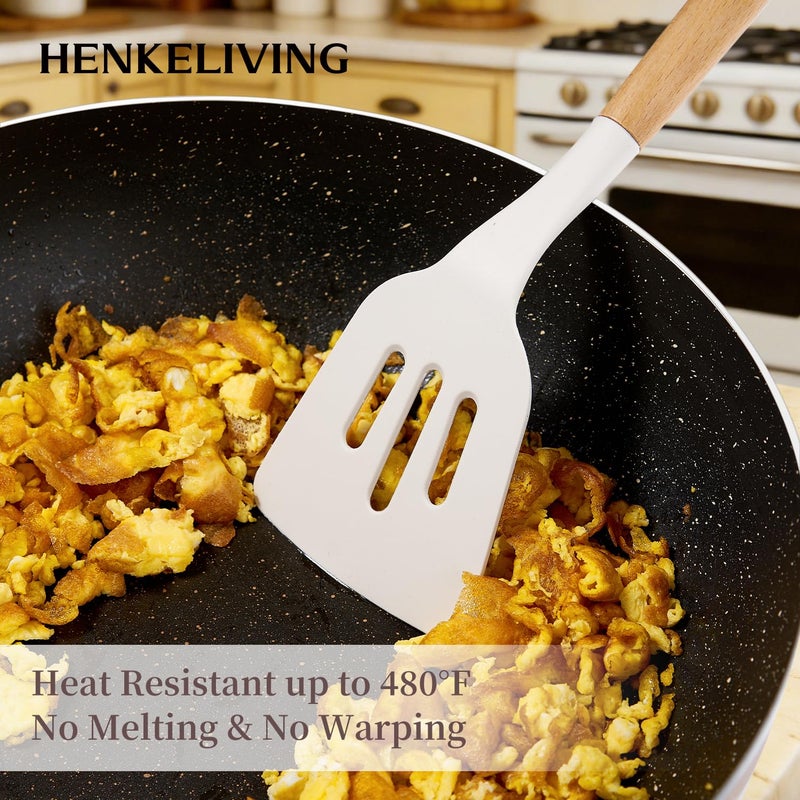 HENKELIVING Silicone 10 Pcs Kitchen Cooking Utensils Set, Recycled Materials Certification, BPA Free Spatula Set with Heat Resistant Wood Handles for Nonstick Cookware, Cream White - Image 3