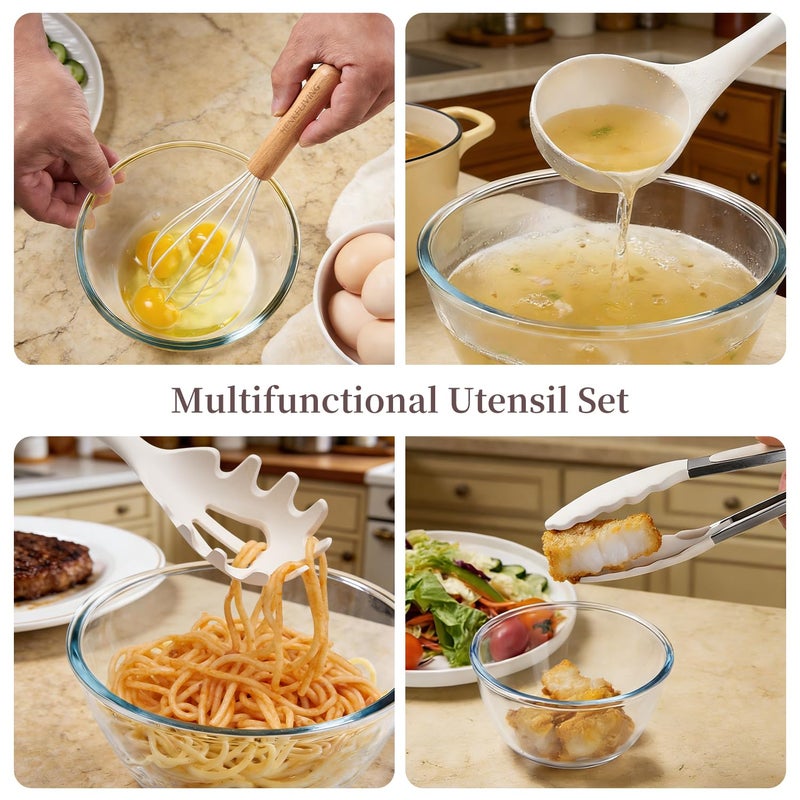 HENKELIVING Silicone 10 Pcs Kitchen Cooking Utensils Set, Recycled Materials Certification, BPA Free Spatula Set with Heat Resistant Wood Handles for Nonstick Cookware, Cream White - Image 4