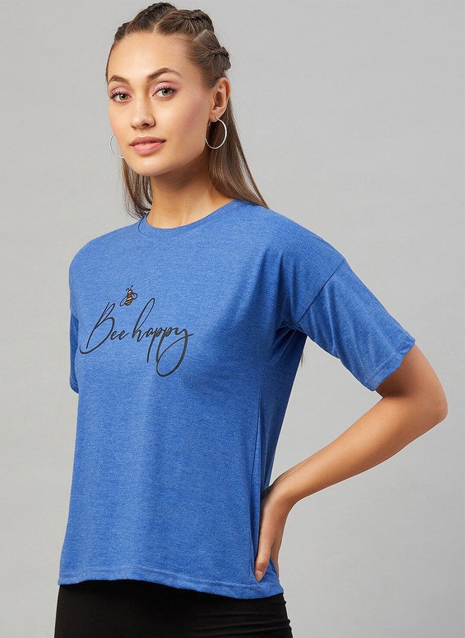 CHIMPAAANZEE Women Blue Typography Printed Pure Cotton T-shirt - Image 4