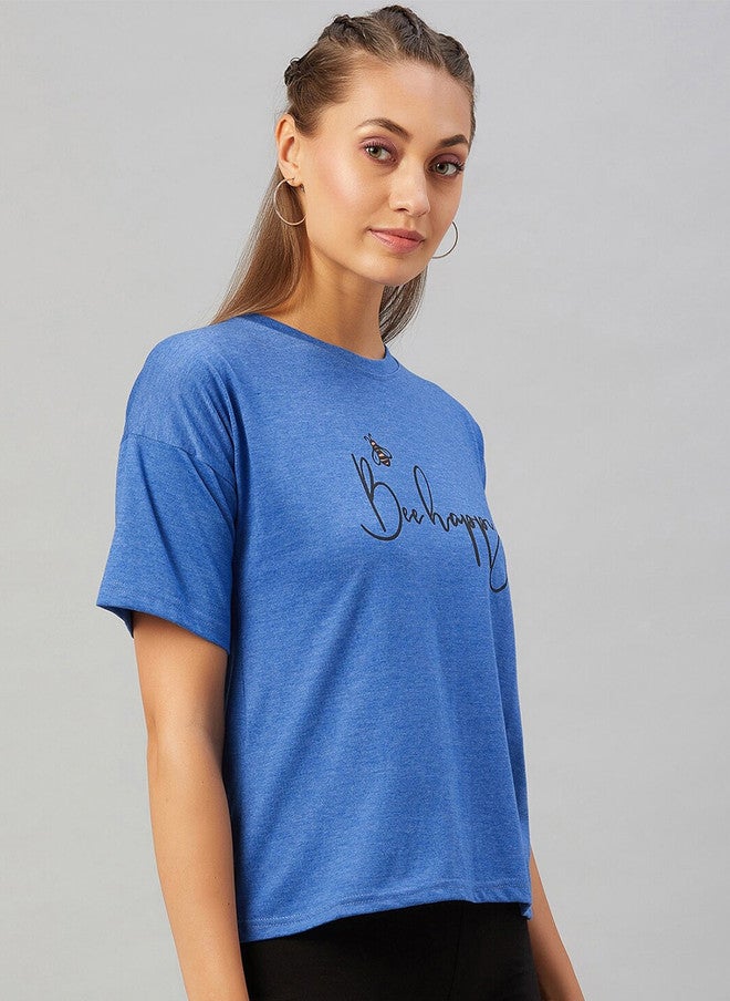 CHIMPAAANZEE Women Blue Typography Printed Pure Cotton T-shirt - Image 3