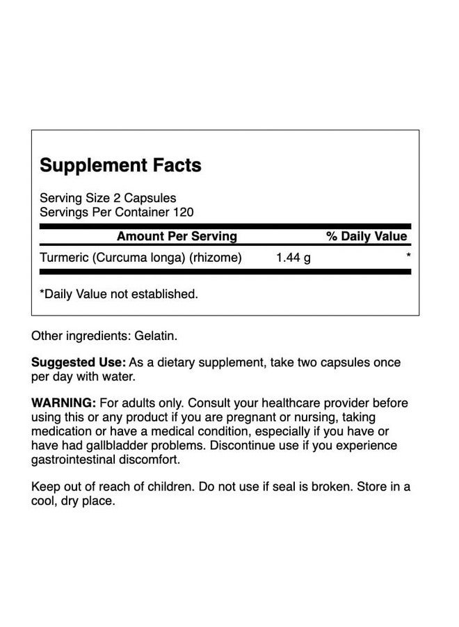 Swanson Turmeric Antioxidant, Joint Health, Cardiovascular, Liver Detox, Mood and Memory Support Supplement Curcuma Longa (Rhizome) 720 mg, 240 Capsules, 120 Servings, 1.44 Grams per Serving - Image 2