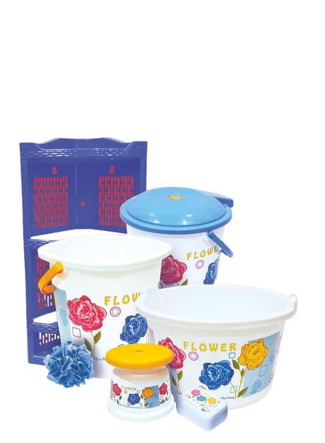 POOJA Combo of Bathroom Set - Plastic Bucket (16L), Tub (18L), Patla, Soap Case, Corner Rack (Small), Loofah and Dustbin (Small) Standard Quality - Set of 6 - Image 1
