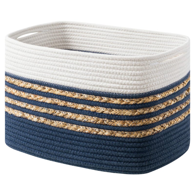 UBBCARE 1 Pack Baskets for Organizing Woven Storage Baskets for Toys and Towel Rectangle Cotton Rope Basket with Handles 14L x 8W x9H Navy Blue - Image 2