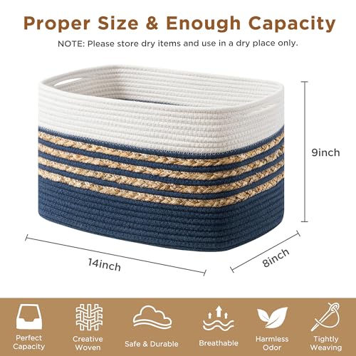 UBBCARE 1 Pack Baskets for Organizing Woven Storage Baskets for Toys and Towel Rectangle Cotton Rope Basket with Handles 14L x 8W x9H Navy Blue - Image 3