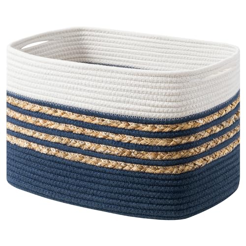 UBBCARE 1 Pack Baskets for Organizing Woven Storage Baskets for Toys and Towel Rectangle Cotton Rope Basket with Handles 14L x 8W x9H Navy Blue - Image 1