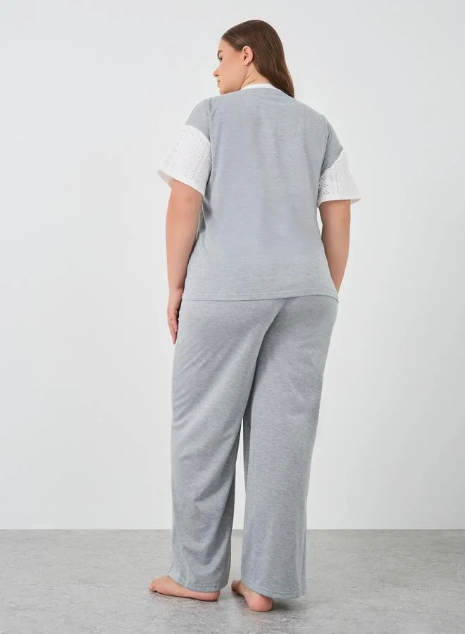 Styli Styli Plus Size Schiffli Sleeve T-Shirt and Pyjama Set