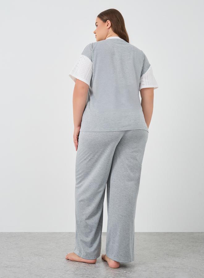 Styli Styli Plus Size Schiffli Sleeve T-Shirt and Pyjama Set  - Image 5