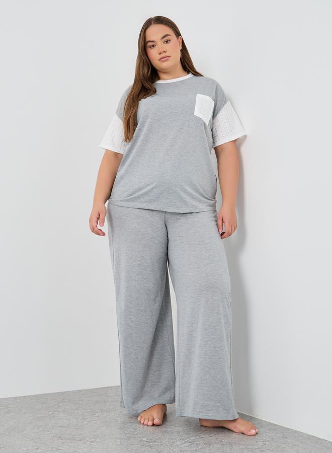 Styli Styli Plus Size Schiffli Sleeve T-Shirt and Pyjama Set  - Image 1