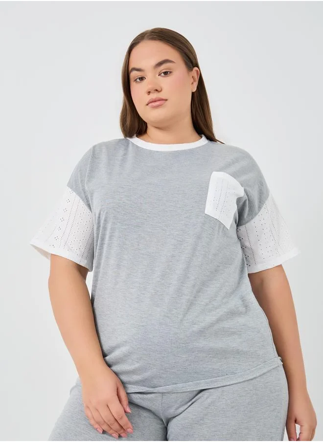 ستايلي Styli Plus Size Schiffli Sleeve T-Shirt and Pyjama Set