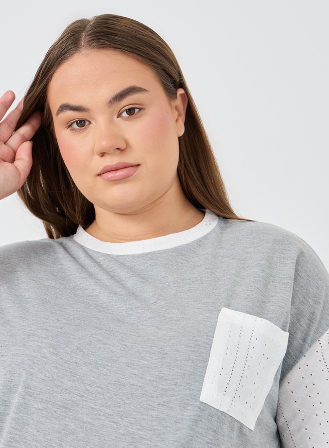 Styli Styli Plus Size Schiffli Sleeve T-Shirt and Pyjama Set  - Image 3